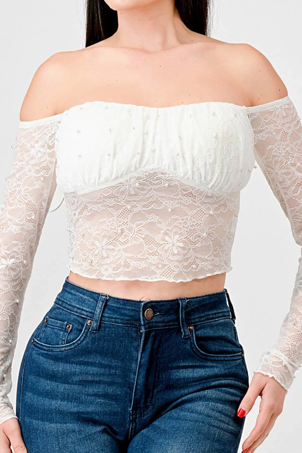 LUXE LACE PEARL RUCHED OFF SHOULDER CROPPED TOP