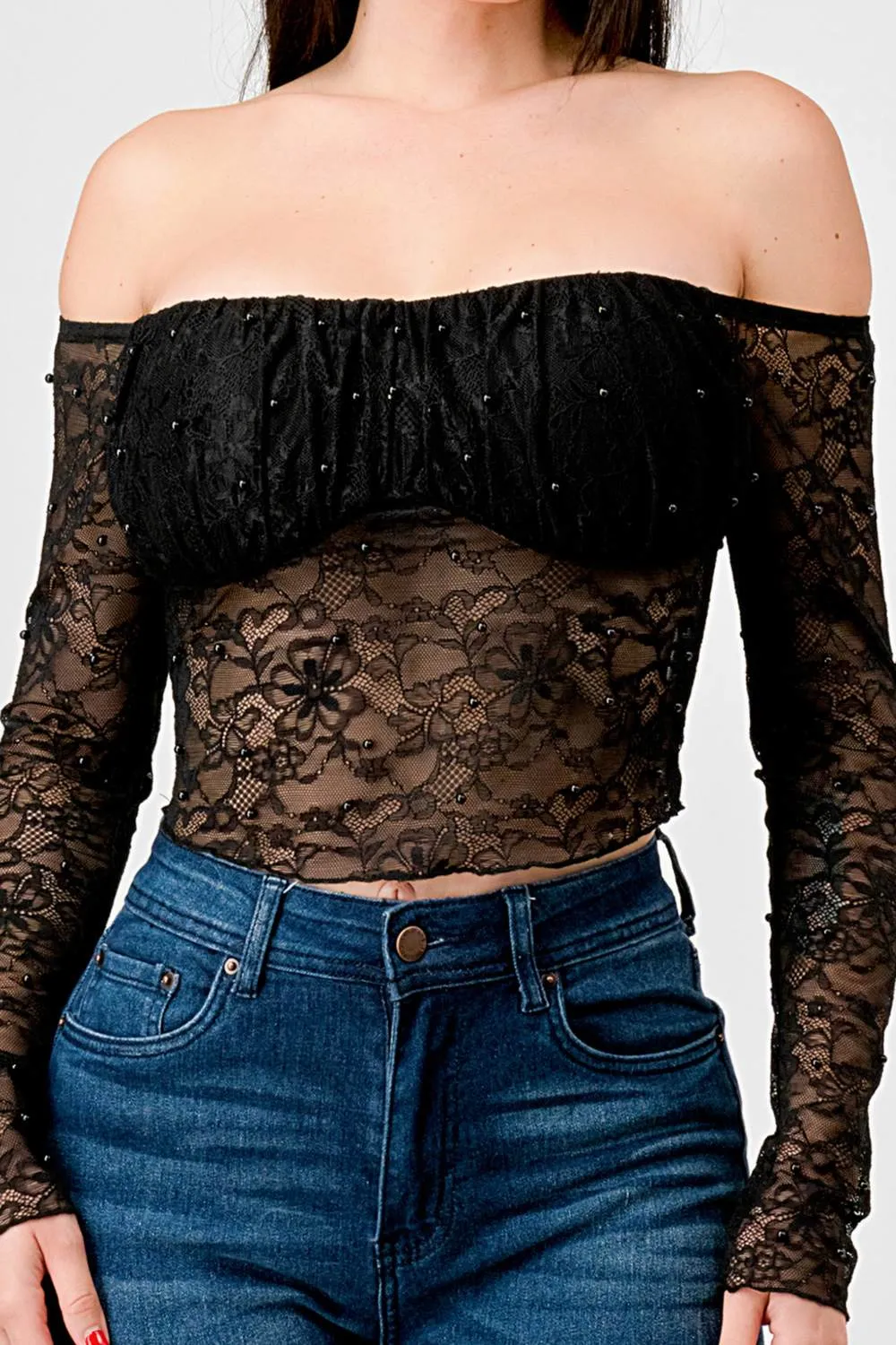 LUXE LACE PEARL RUCHED OFF SHOULDER CROPPED TOP