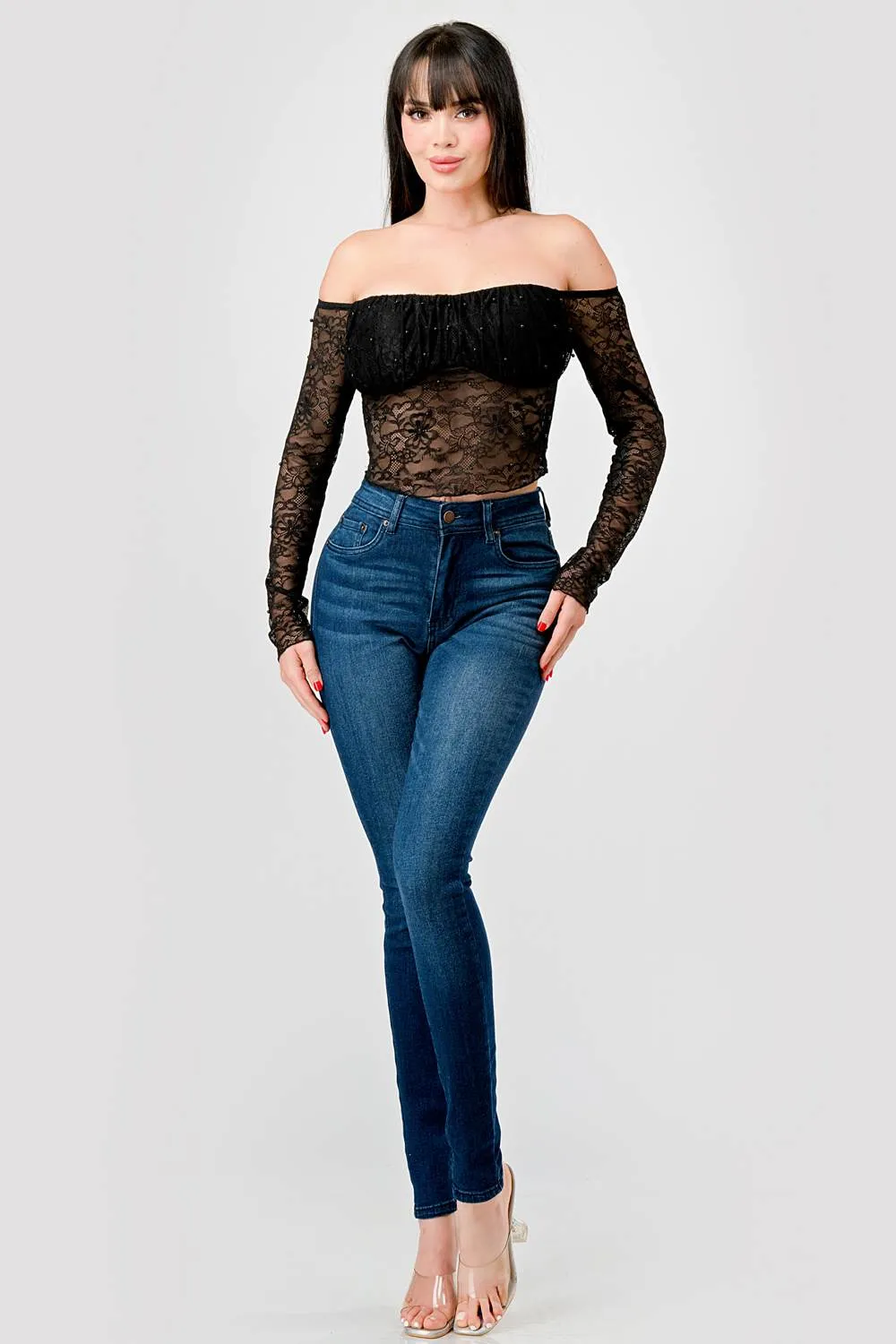 LUXE LACE PEARL RUCHED OFF SHOULDER CROPPED TOP