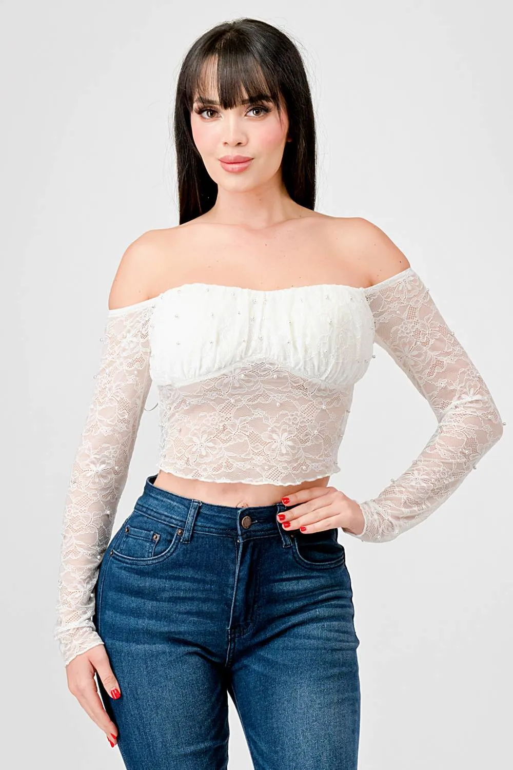 LUXE LACE PEARL RUCHED OFF SHOULDER CROPPED TOP