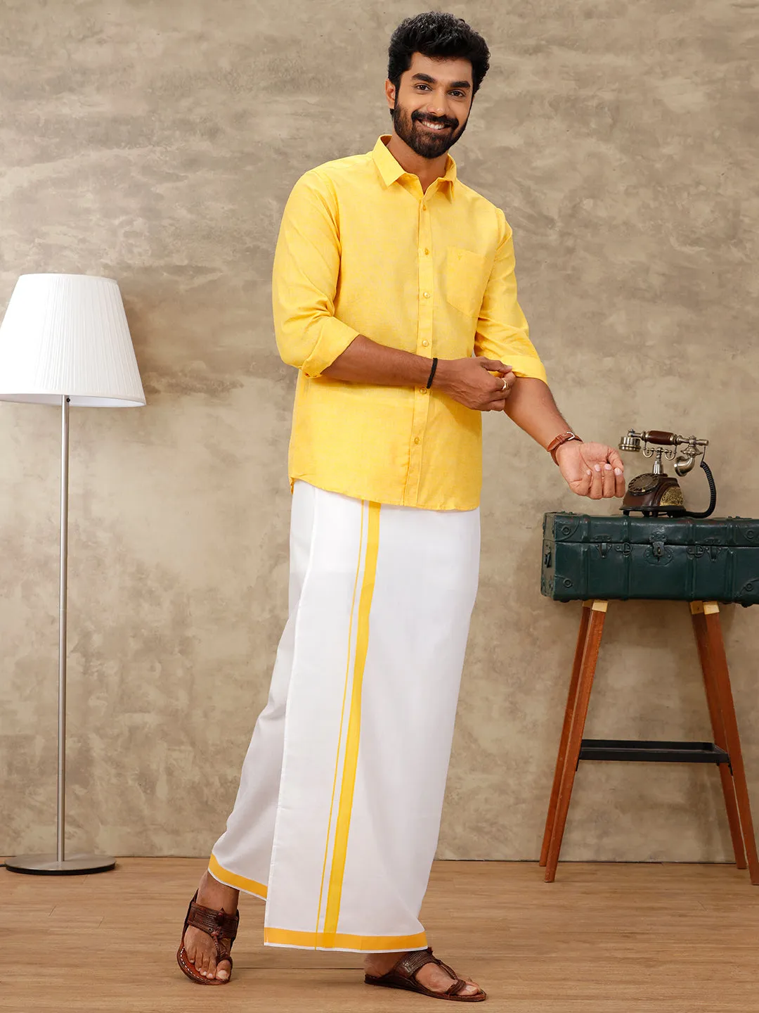 Men Matching Dhoti & Full Sleeves Shirt Set Lite Yellow CC3