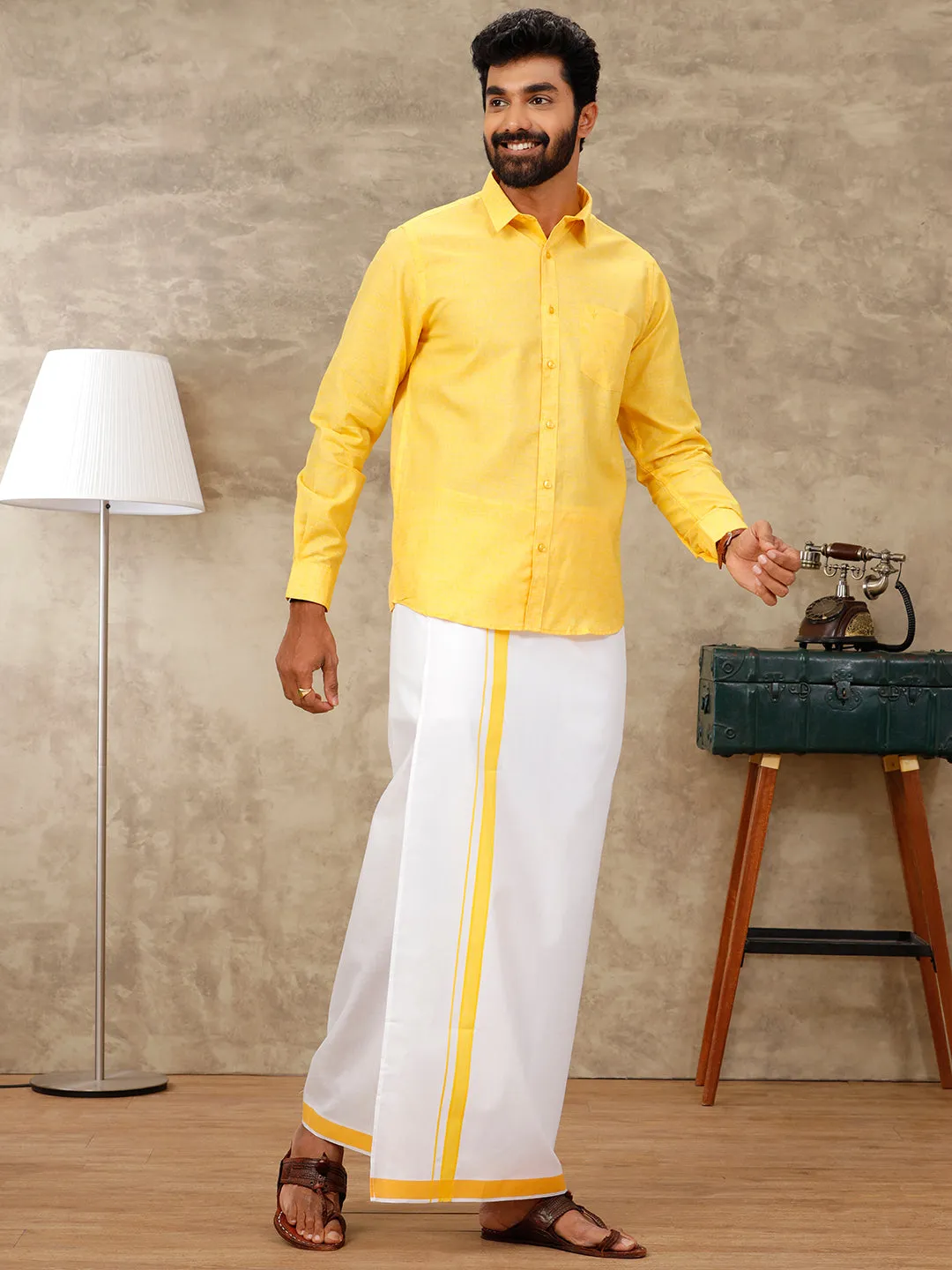 Men Matching Dhoti & Full Sleeves Shirt Set Lite Yellow CC3