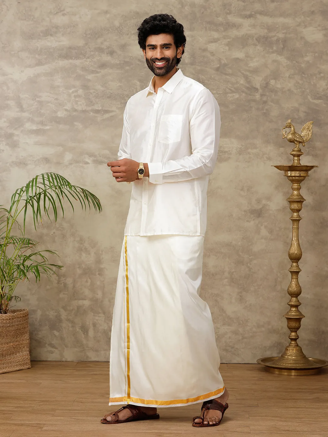 Mens Cream Full Sleeves Shirt with Adjustable Double Dhoti Art Silk Combo