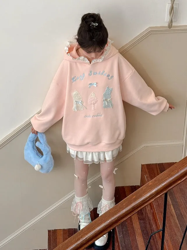 Pink Cute Crocheted Bunnies Details Fleece Lined Hoodie