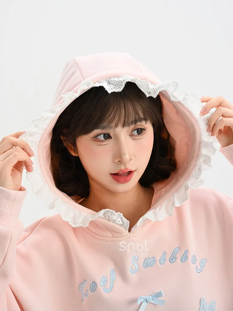 Pink Cute Crocheted Bunnies Details Fleece Lined Hoodie