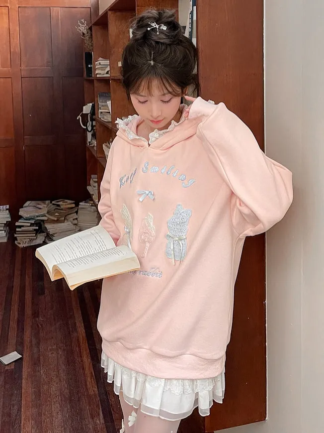 Pink Cute Crocheted Bunnies Details Fleece Lined Hoodie