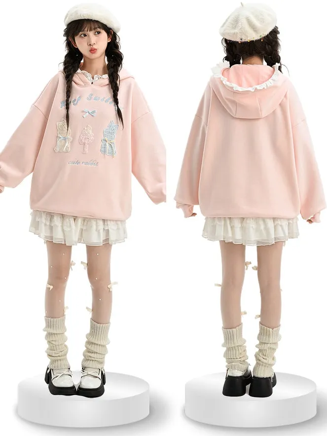 Pink Cute Crocheted Bunnies Details Fleece Lined Hoodie
