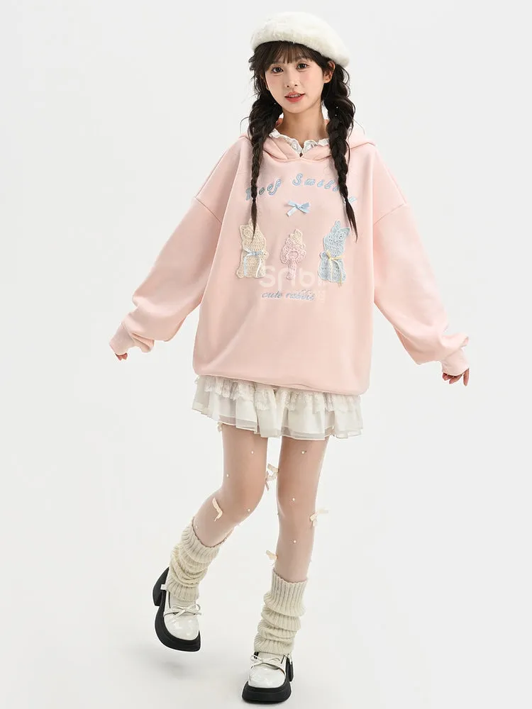 Pink Cute Crocheted Bunnies Details Fleece Lined Hoodie