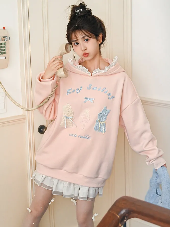 Pink Cute Crocheted Bunnies Details Fleece Lined Hoodie