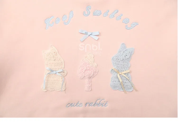 Pink Cute Crocheted Bunnies Details Fleece Lined Hoodie