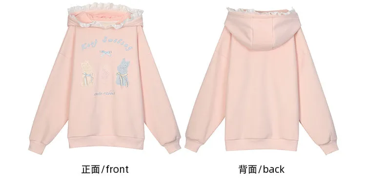 Pink Cute Crocheted Bunnies Details Fleece Lined Hoodie