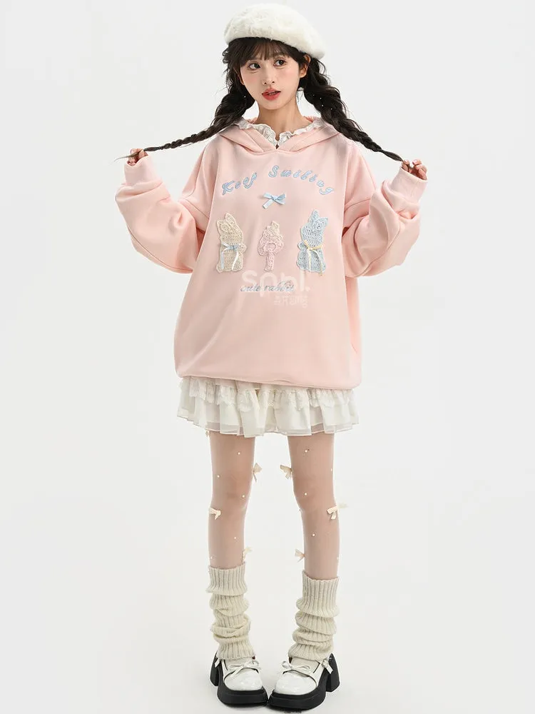 Pink Cute Crocheted Bunnies Details Fleece Lined Hoodie