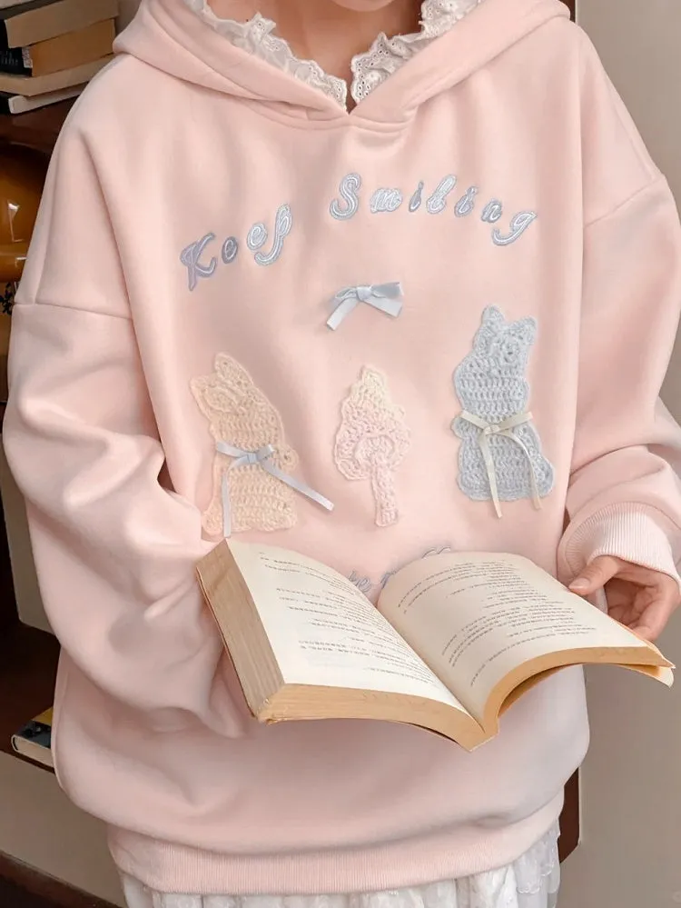 Pink Cute Crocheted Bunnies Details Fleece Lined Hoodie
