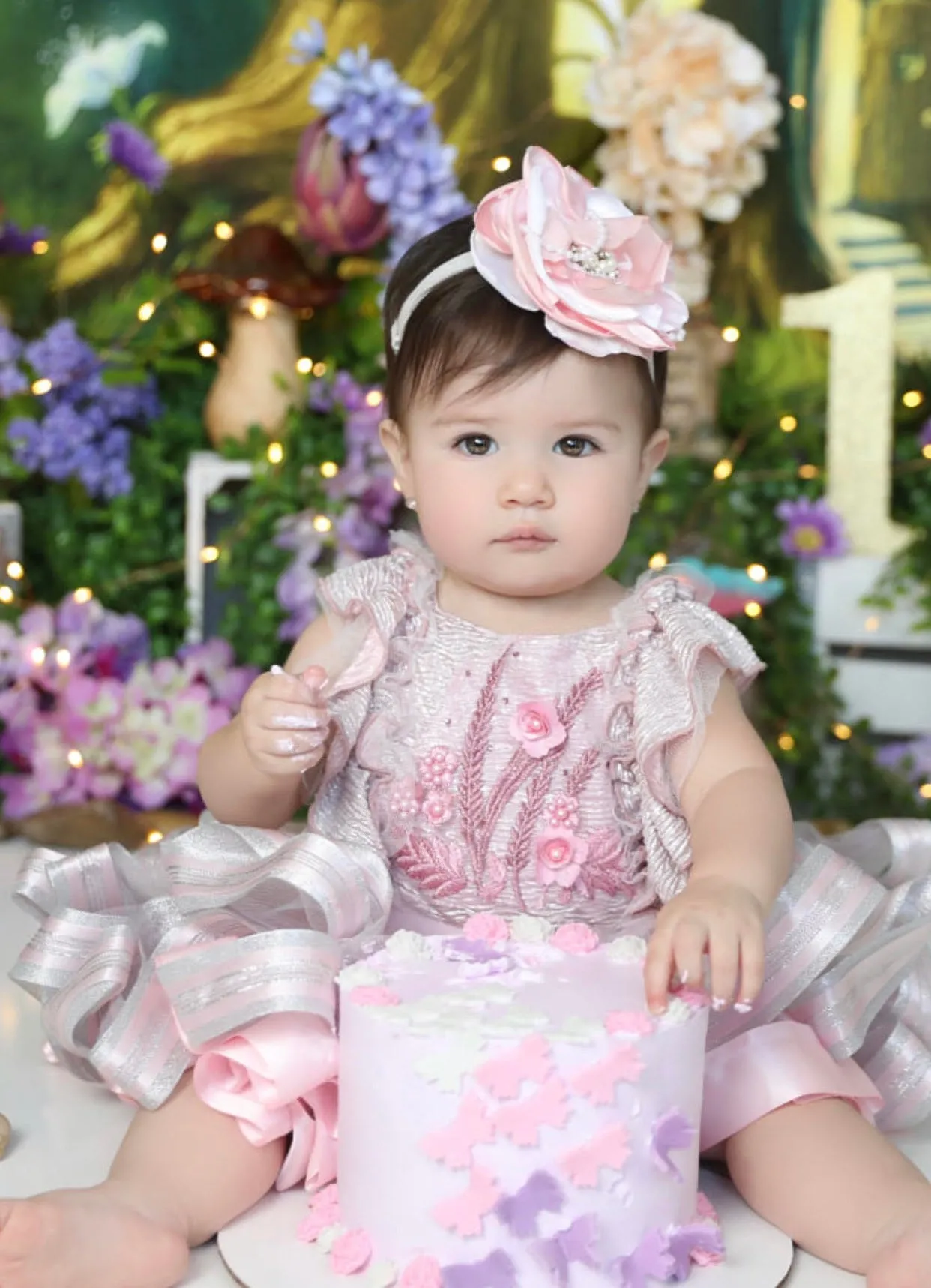 Pink Floral Pearl Satin First Birthday Romper
