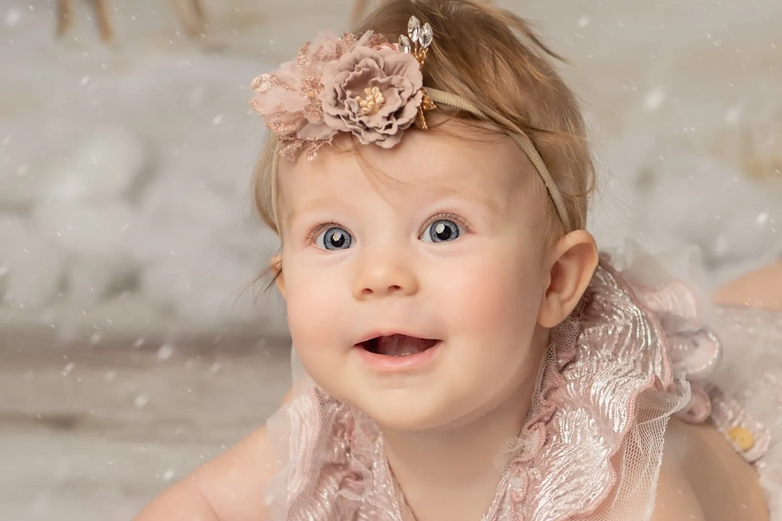 Pink Floral Pearl Satin First Birthday Romper