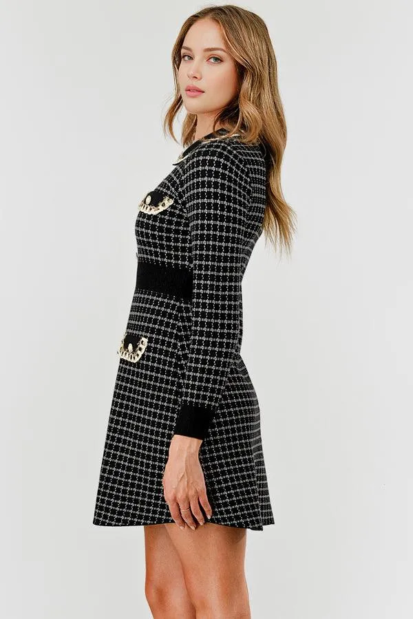 Plaid Knit Sweater Dress with Embellishment DBLD4030