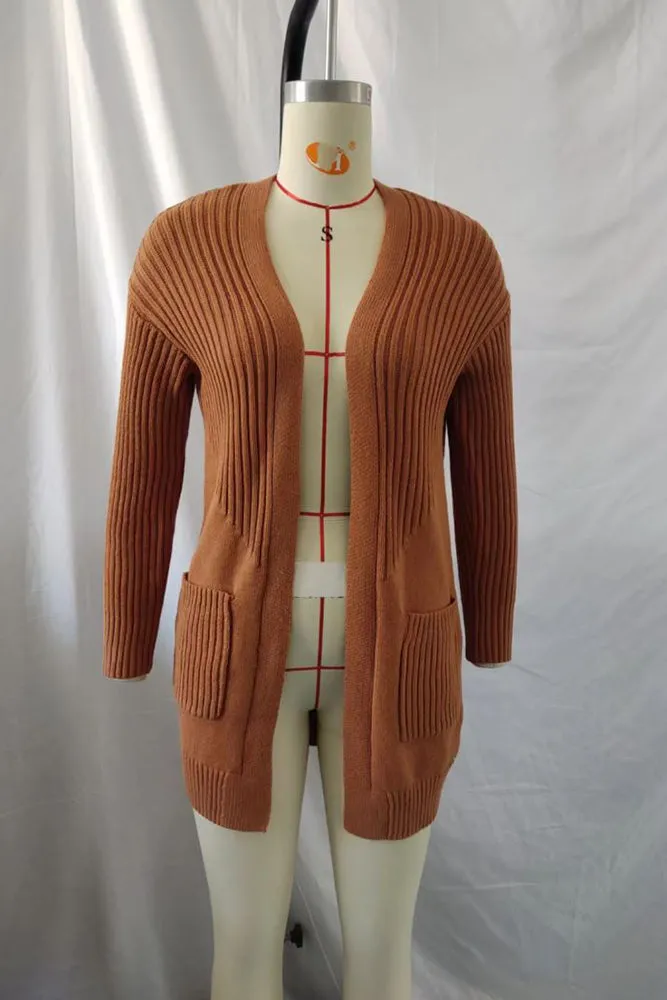 Ribbed Open Front Long Pocket Cardigan