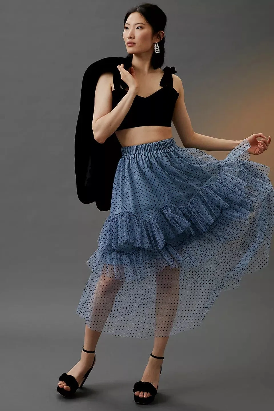Ruffled Tulle Midi Skirt