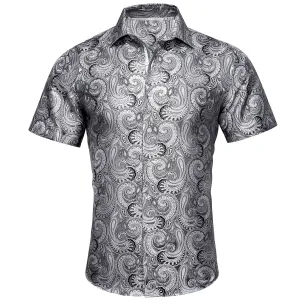 Silver Paisley Silk Short Sleeve Shirt