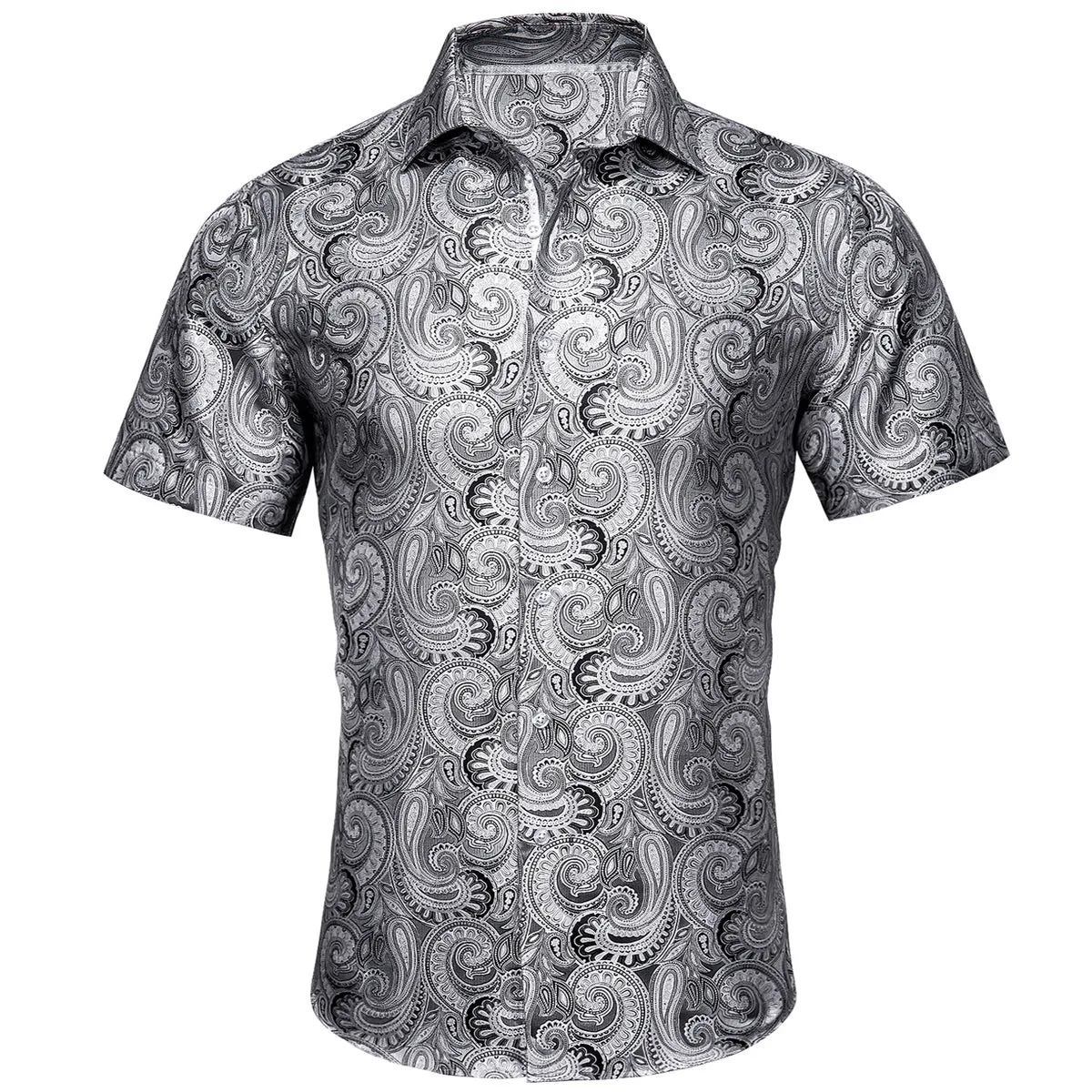 Silver Paisley Silk Short Sleeve Shirt