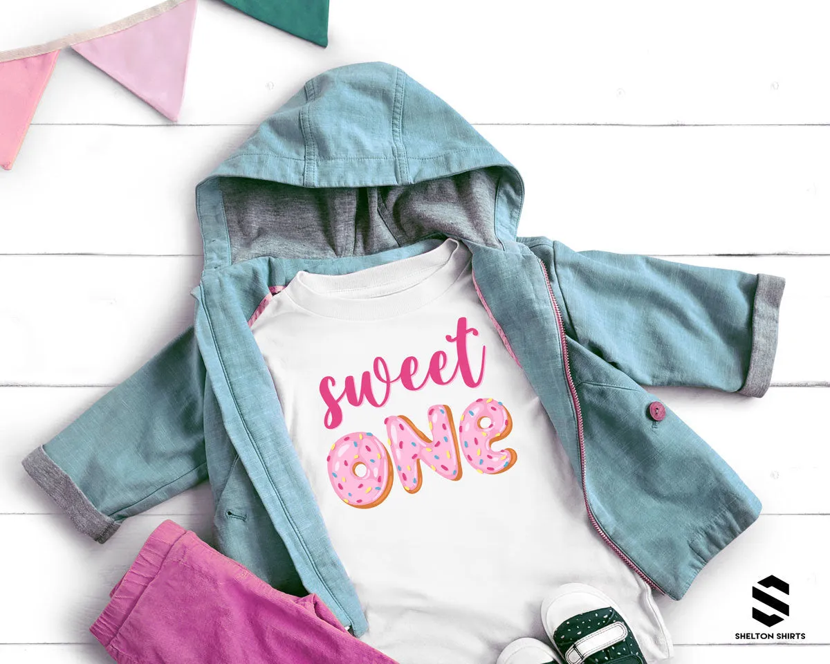 Sweet One Pink Donuts Birthday Shirt with Permanent Print on Toddler Onesie
