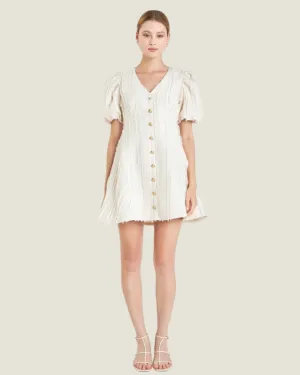 The Callie: Textured Button Mini Dress in Beige
