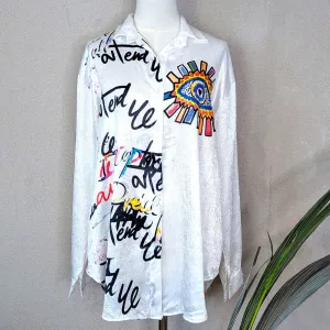 Viscose mix satin feel random graffiti print shirt (M-L)