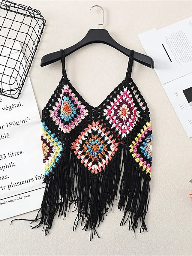 Women's Sweater Vest Jumper Crochet Knit Tassel Open Back Plaid Strap Stylish Ethnic Style Daily Holiday Summer Spring Black White One-Size