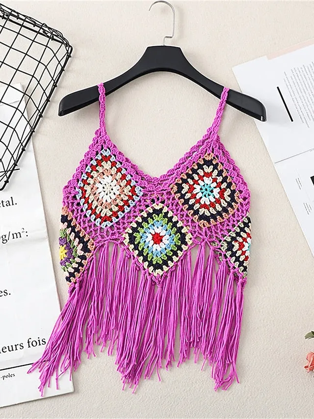 Women's Sweater Vest Jumper Crochet Knit Tassel Open Back Plaid Strap Stylish Ethnic Style Daily Holiday Summer Spring Black White One-Size