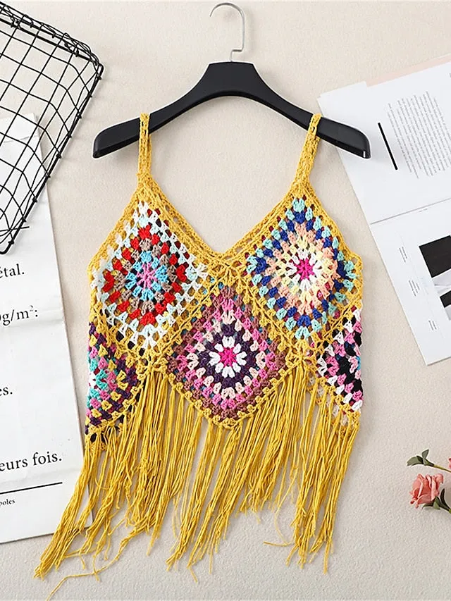 Women's Sweater Vest Jumper Crochet Knit Tassel Open Back Plaid Strap Stylish Ethnic Style Daily Holiday Summer Spring Black White One-Size