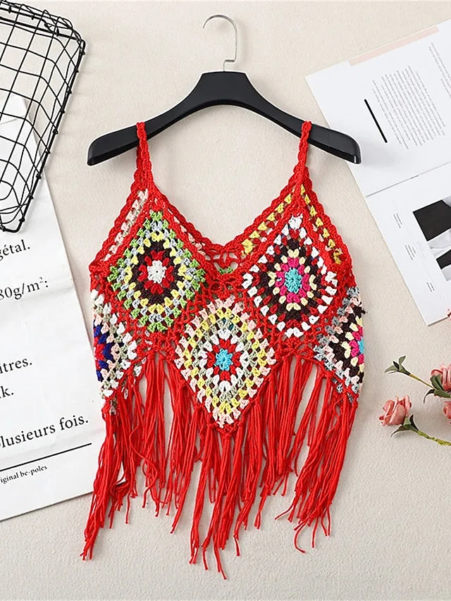 Women's Sweater Vest Jumper Crochet Knit Tassel Open Back Plaid Strap Stylish Ethnic Style Daily Holiday Summer Spring Black White One-Size