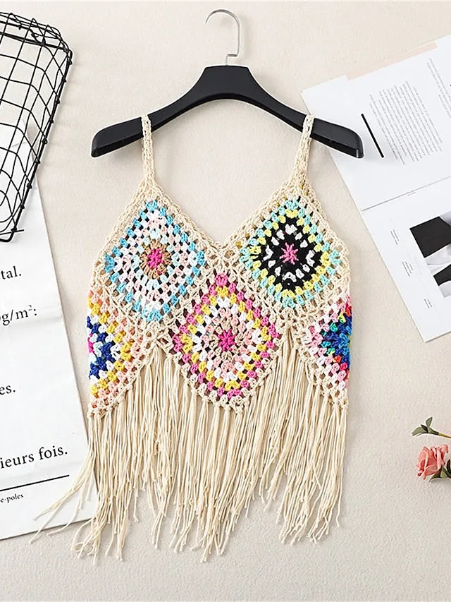 Women's Sweater Vest Jumper Crochet Knit Tassel Open Back Plaid Strap Stylish Ethnic Style Daily Holiday Summer Spring Black White One-Size