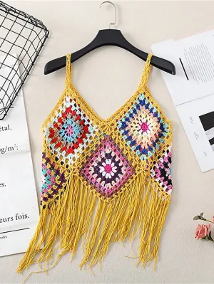 Women's Sweater Vest Jumper Crochet Knit Tassel Open Back Plaid Strap Stylish Ethnic Style Daily Holiday Summer Spring Black White One-Size