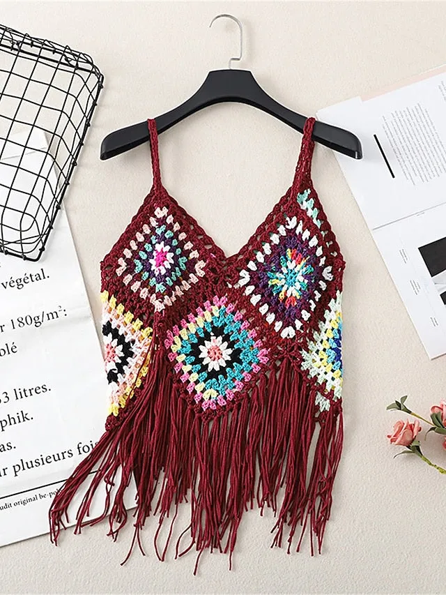 Women's Sweater Vest Jumper Crochet Knit Tassel Open Back Plaid Strap Stylish Ethnic Style Daily Holiday Summer Spring Black White One-Size