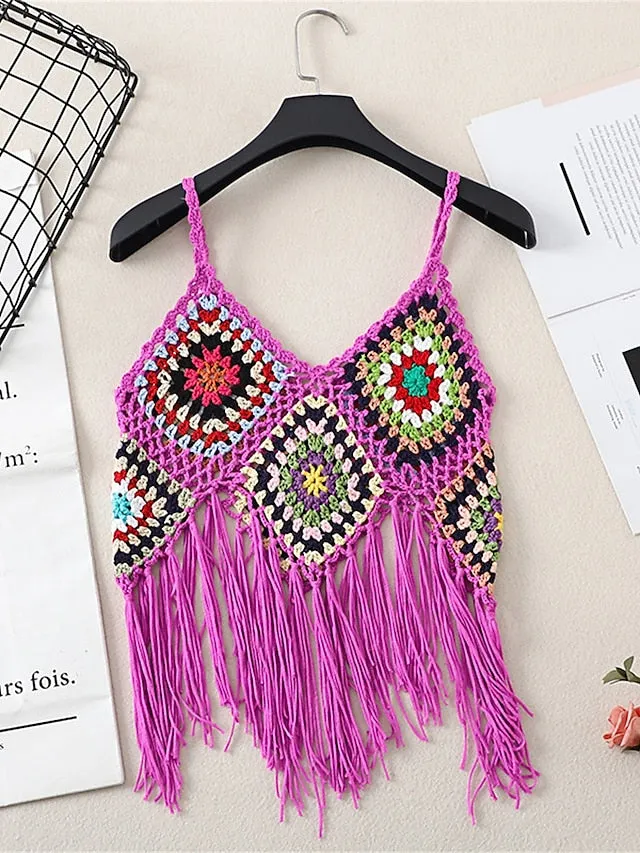 Women's Sweater Vest Jumper Crochet Knit Tassel Open Back Plaid Strap Stylish Ethnic Style Daily Holiday Summer Spring Black White One-Size