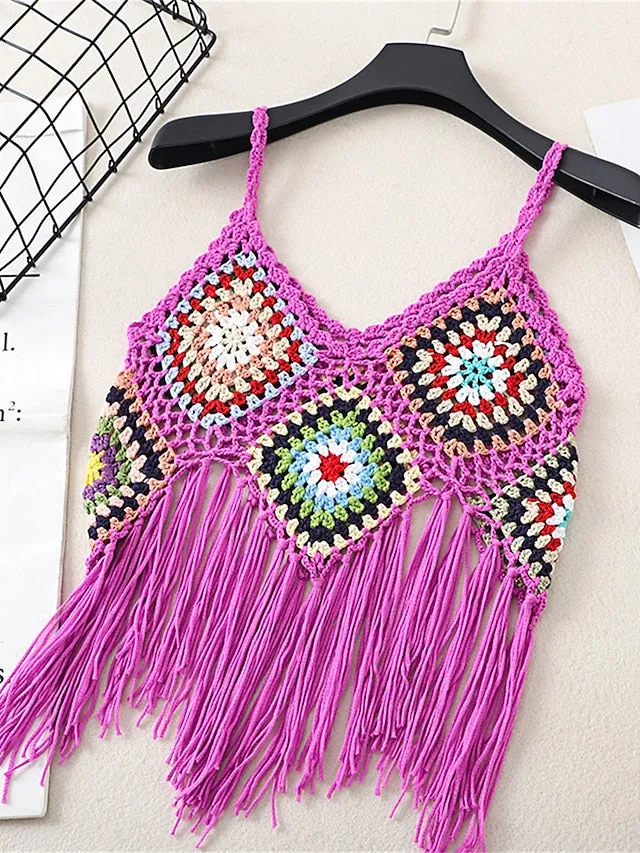 Women's Sweater Vest Jumper Crochet Knit Tassel Open Back Plaid Strap Stylish Ethnic Style Daily Holiday Summer Spring Black White One-Size