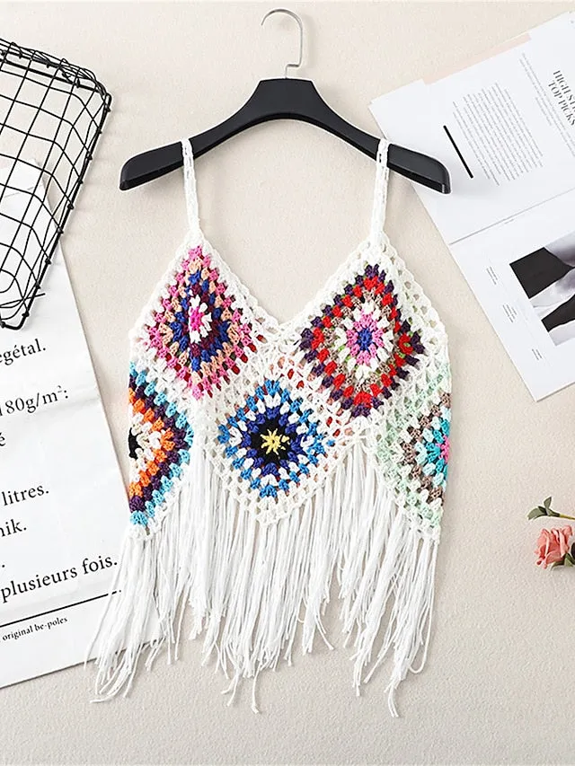 Women's Sweater Vest Jumper Crochet Knit Tassel Open Back Plaid Strap Stylish Ethnic Style Daily Holiday Summer Spring Black White One-Size