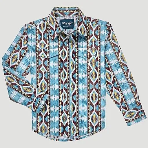 Wrangler Boy's Checotah Long Sleeve Western Snap Shirt in Dusty Blue Diamond