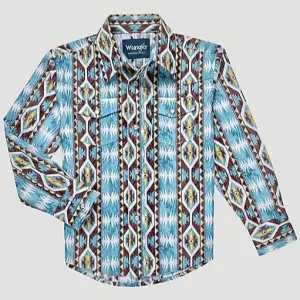 Wrangler Boy's Checotah Long Sleeve Western Snap Shirt in Dusty Blue Diamond